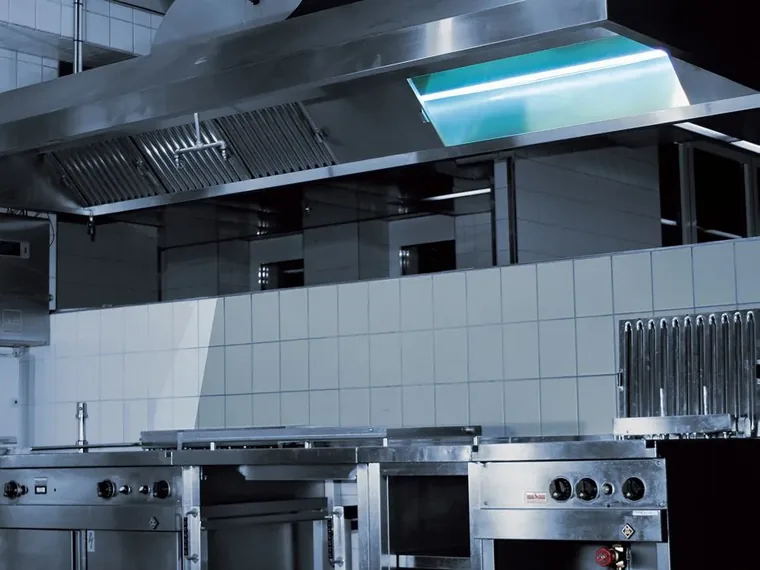 UV purification lamp inside a commercial kitchen hood
